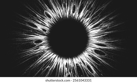 Cosmic volumetric close-up human eye iris in stippling style. Artificial intelligence concept background. Retro styled dotwork. Pointillism. Magic portal. Noisy grainy dot shading. Vector illustration