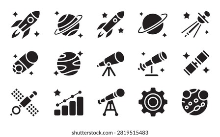 Cosmic voyage elements rocket planet telescope satellite stars and astronomical symbols in simple black and white style.