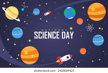 Viaje cósmico: Ilustración del Día Nacional de la Ciencia en India, 28 de febrero. Un audaz y azul 'Día Nacional de la Ciencia' corona la imagen, mostrando un cohete entre planetas, estrellas y nebulosas