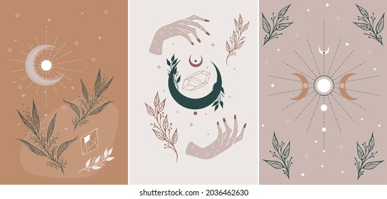 Cosmic wall art esoteric set. Set of alchemy mystical magic celestial talisman with woman hands, sun, moon, stars sacred geometry isolated. Plant art design for printing, cover art, wallpaper.