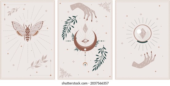Conjunto esotérico de arte mural cósmico. Conjunto de talismán celestial mágico místico de alquimia con manos de mujer, sol, luna, estrellas geometría sagrada aislada. 