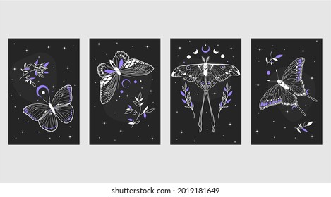 Cosmic wall art vector set. Artistic drawing of the foliage line with an abstract shape and butterflies of purple colors. Plant art design for printing, cover art, wallpaper. Retro style.