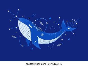 Cosmic whale. Magic underwater life. Space marine composition. Ocean creature decorated with stars, constellations. Blue and white colors. Illustration for t-shirt, cover, poster, sticker