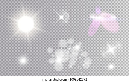 Cosmic white light effects set. Big shining star, glares, group of transparent bokeh, spaceship pink flare.