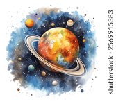 Cosmic wonder of space with a colorful, watercolor style depiction of a ringed planet. Glowing with vibrant hues planet on backdrop of stellar clouds and scattered comets. Futuristic vector design