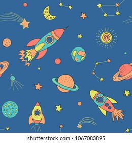 Cosmical seamless pattern. Children background with graphical space elements. Vector illustration.