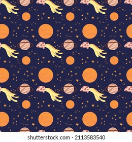 Cosmical seamless pattern. Children background with graphical space elements. Vector illustration