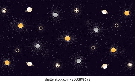 Cosmic-themed vector background featuring stars, planets, and abstract celestial elements on a deep space backdrop, ideal for space-related designs and creative projects