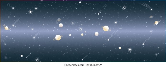 Ilustração de vetor com tema cósmico apresentando planetas, estrelas e galáxias com uma nebulosa brilhante. Ideal para projetos inspirados no espaço, papéis de parede digitais ou projetos educacionais.