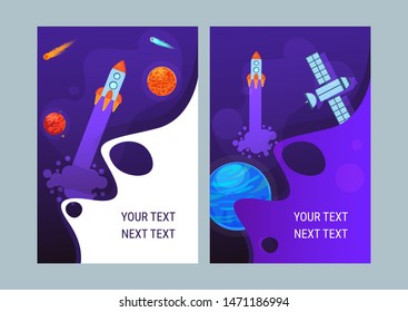 cosmo cards violet background rocket planet comet