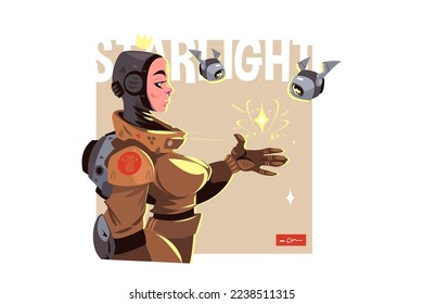 Cosmo girl in space suit vector illustration. Female astronaut holding star in hand. Space starlight flat style concept