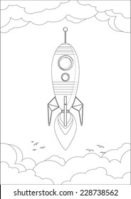 Cosmo Rocket with flames from the engine in the sky with clouds and birds. contour