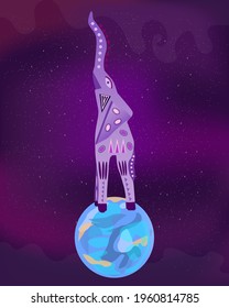 Cosmoc elephant stand on planet earth. Cosmic purple vector background.