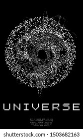 Cosmology futuristic background with chaotic particle dust, spiral cosmic nebula. Conceptual image of evolution of the universe.