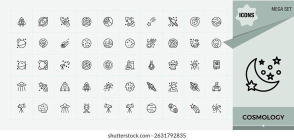 Conjunto de ícones de cosmologia. Inclui símbolos para eclipse, galáxia, universo, astronomia e muito mais. Ícone de planeta definido em estilo linear. Conjunto mínimo de ícones da Web de linha fina. Arte vetorial e ilustração editáveis.