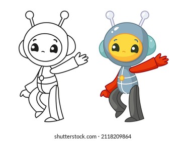 The cosmonaft stands and waves his hand. Set with coloring book and color example. Happy cute alien in a spacesuit smiles. Vector illustration in cartoon childish style. Isolated funny clipart. Seal