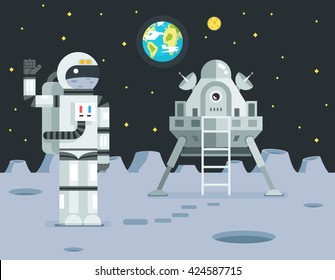 Cosmonaut Astronaut Landing Planet Lander Icon on Stylish Earth Moon Stars Background Cartoon Design Vector Illustration