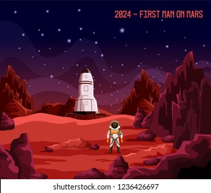 Cosmonaut or astronaut on Mars, first man or colonizer on planet. Spaceman in spacesuit near rocket or space shuttle. Exploration and colonization, astronomy and cosmos, space travel, landing theme