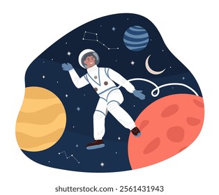 A cosmonaut or astronaut in outer space. A man in a spacesuit against the background of planets and stars. Galaxy and universe researching. Cartoon flat vector illustration