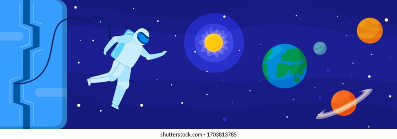 Cosmonaut, astronaut in outer space, planet saturn, earth, mars, moon and sun, rocket flat vector illustration. Space scientific research, character male, academic. Human starship, spaceship.