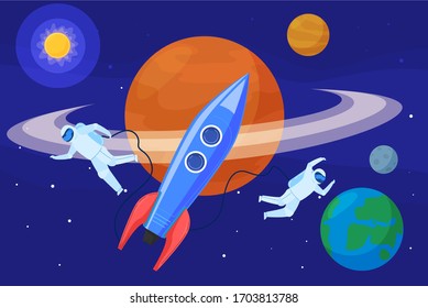 Cosmonaut, astronaut in outer space, planet saturn earth, mars, moon and sun, rocket flat vector illustration. Space scientific research, character male, academic. Human starship, spaceship