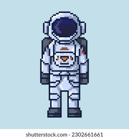 Cosmonaut. Astronaut pixel game style illustration. Spaceman vector pixel art design.