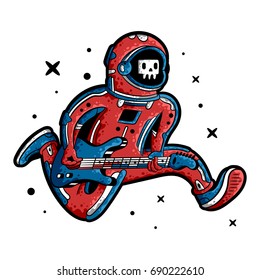 Cosmonaut. Astronaut. Spaceman. Rock star. Cartoon cosmonaut with a guitar on white background isolated. Stock Vector Illustration.
