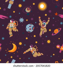 Cosmonaut or astronaut in spacesuit. Discovering galaxy and exploring outer space. Planets and stars, meteors and constellations. Seamless pattern or background, print or wallpaper, vector in flat