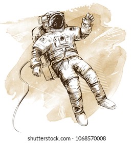 Cosmonaut or astronaut in spacesuit. Hand drawn vector illustration on artistic watercolor background. All elements isolated.