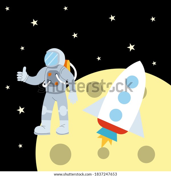 Cosmonaut, astronaut in a spacesuit in space, moon\
and lunar craters, rocket, children\'s illustration, fantasy,\
astronaut flight to the\
moon
