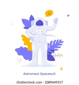Cosmonaut, astronaut wearing spacesuit waving hand. Concept of protective garment for survival during interstellar travel, space exploration. Modern flat colorful vector illustration for poster banner
