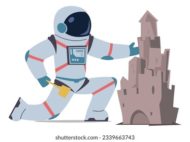 Cosmonaut build castle. Astronaut in space suit and helmet. Spaceman universe exploration and planets. Exploring outer cosmic space. Childish print. Cartoon flat isolated vector illustration