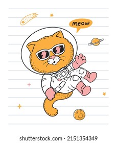 cosmonaut cat flying in space  doodle vector