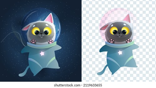 Cosmonaut cat in outer space cartoon character for kids. Cute Kitten in outer space and isolated on transparent background. Space cat clipart isolated. Vector children cartoon in watercolor style.