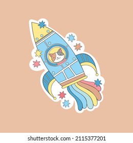 Cosmonaut cat. Rocket - spaceship. Cartoon character. Stars print. Isolated vector object. 