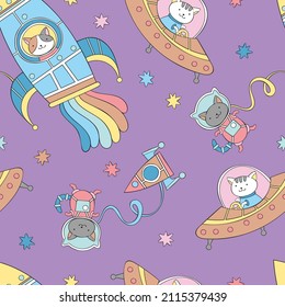 Cosmonaut cat. Rocket - spaceship. Flying saucer - aliens. Cartoon character. Stars print. Seamless vector pattern (background). 