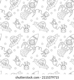 Cosmonaut cat. Rocket - spaceship. Flying saucer - aliens. Cartoon character. Stars print. Seamless vector pattern (background).