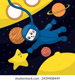 cosmonaut is a cat in a spacesuit. He flies in space. A children's poster. Planets, a rocket and the moon. A star in the sky. Vector stock illustration.