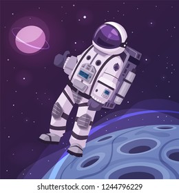 Cosmonaut character in outer space. Cartoon vector illustration. Infinity galaxy. Exploration of cosmos. Person in spacesuit. Colonization concept. Futuristic technology. Thumb up
