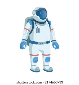 Cosmonaut character in space flat icon. Cartoon spaceman or cosmonaut exploring galaxy, holding flag vector illustration. Adventure and universe