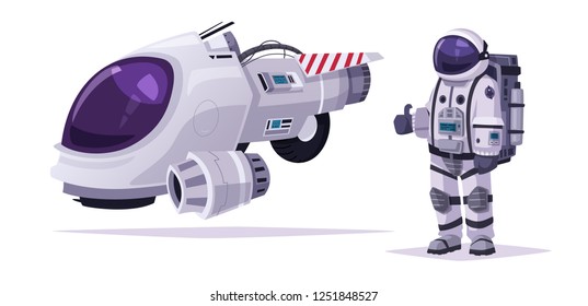 Cosmonaut character and spaceship. Cartoon vector illustration. Infinity galaxy. Exploration of cosmos. Person in spacesuit. Colonization concept. Futuristic technology