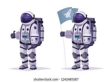 Cosmonaut character. Thumb up. Cartoon vector illustration. Exploration of cosmos. Person in spacesuit. Colonization concept. Futuristic technology.