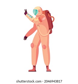 Cosmonaut character wearing spacesuit on white background flat vector illustration