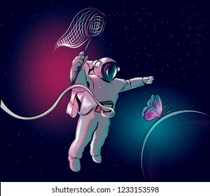 Cosmonaut is chasing a butterfly. Astronaut in space. Vector illustration.