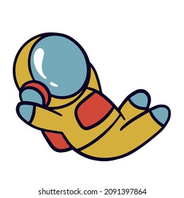 A cosmonaut child in a yellow spacesuit goes into space with a backpack in his helmet
