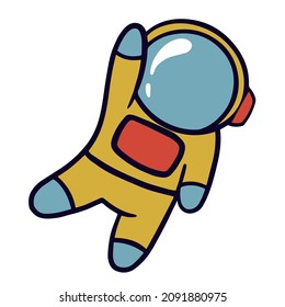A cosmonaut child in a yellow spacesuit goes into space with a backpack in his helmet