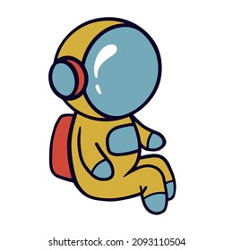 A cosmonaut child in a yellow spacesuit goes into space with a backpack in his helmet