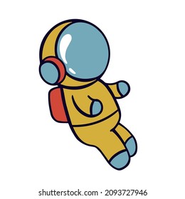 A cosmonaut child in a yellow spacesuit goes into space with a backpack in his helmet