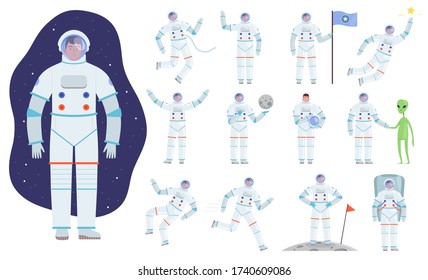 Cosmonaut costume. Professional clothes of astronaut vector flat characters in action poses