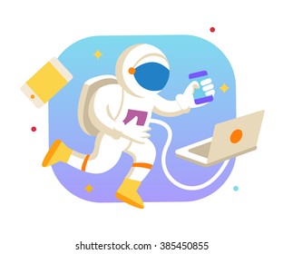 Cosmonaut with devices in open space vector illustration